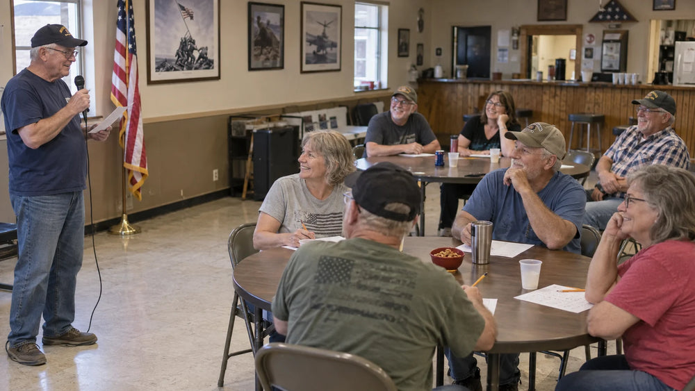 Members playing a quiz in a veterans post hall with flags and service memorabilia