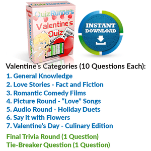 Valentine's Day Quiz with General Knowledge, Love Stories, Romantic Comedy, Celebrity Couples, Love Songs, Flowers and Culinary
