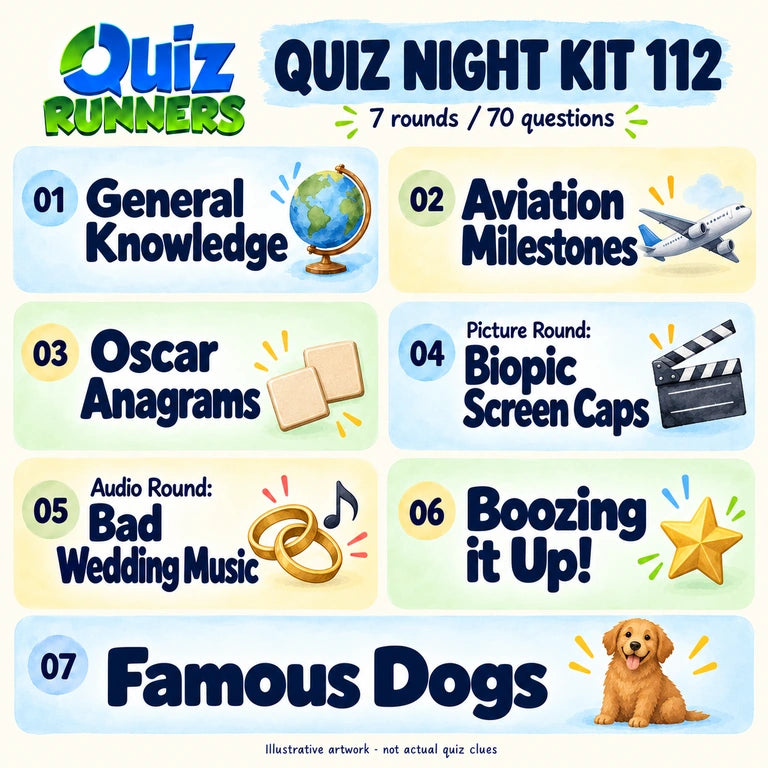 Quiz 112 poster showing the seven included rounds