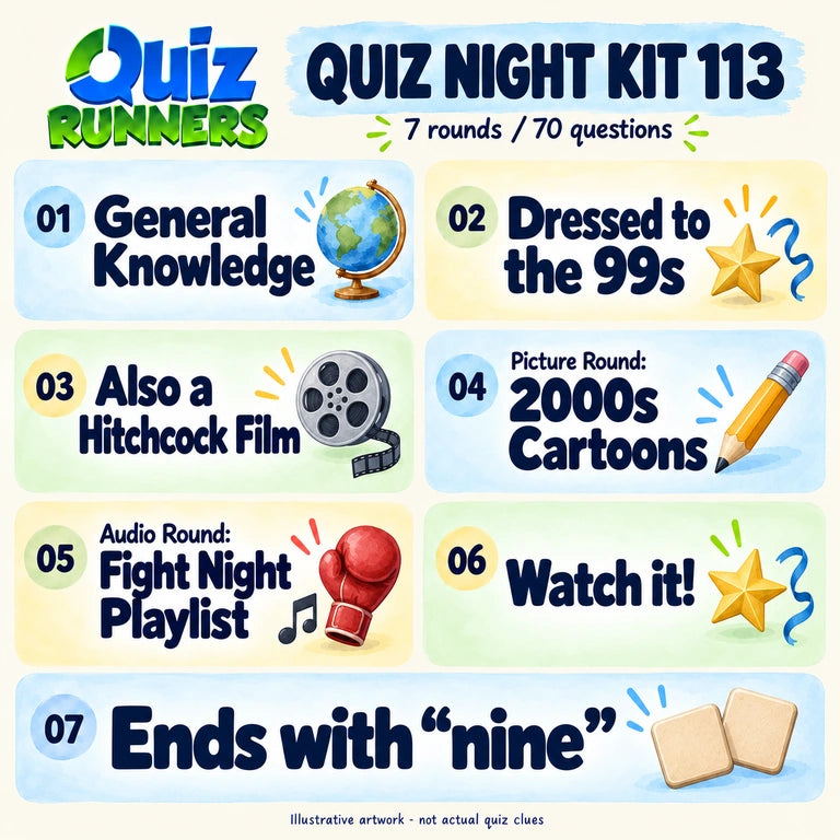Quiz 113 poster showing the seven included rounds