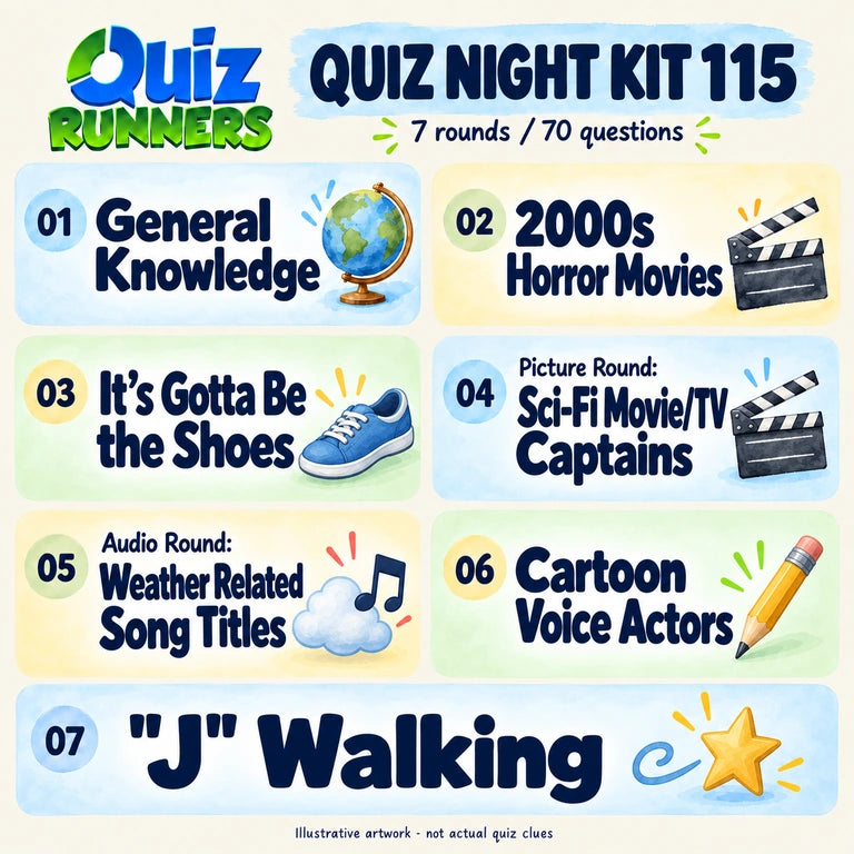Quiz 115 poster showing the seven included rounds