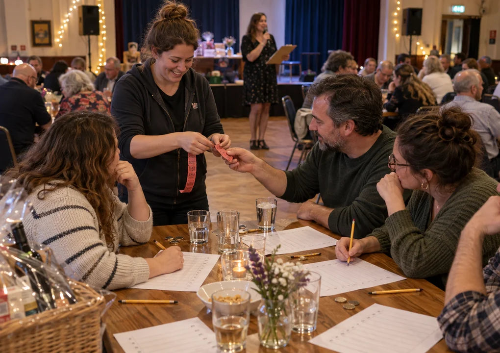 Fictional fundraiser quiz team buying raffle tickets beside their answer sheets while a host runs the hall quiz