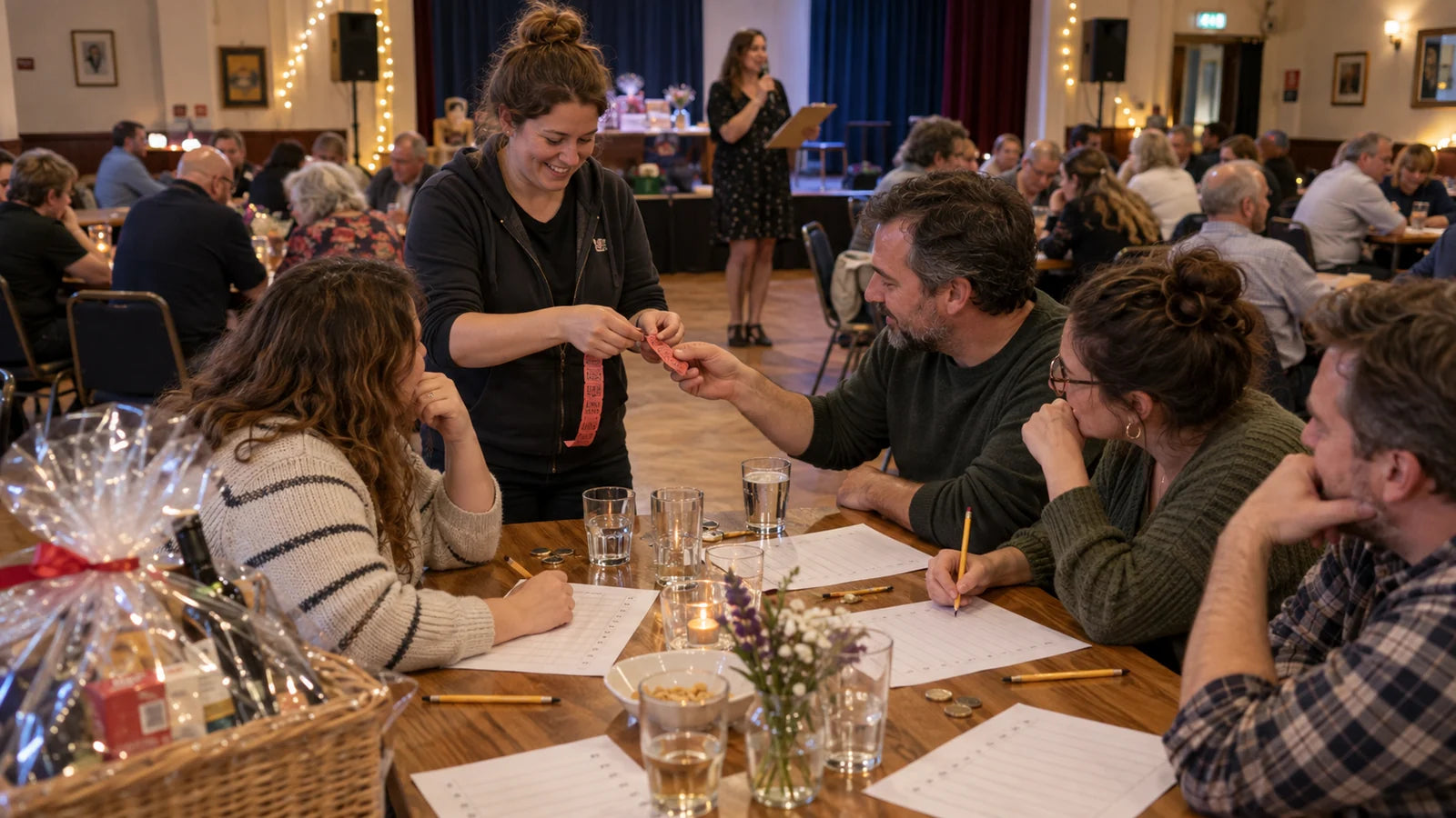 Fictional fundraiser quiz team buying raffle tickets beside their answer sheets while a host runs the hall quiz