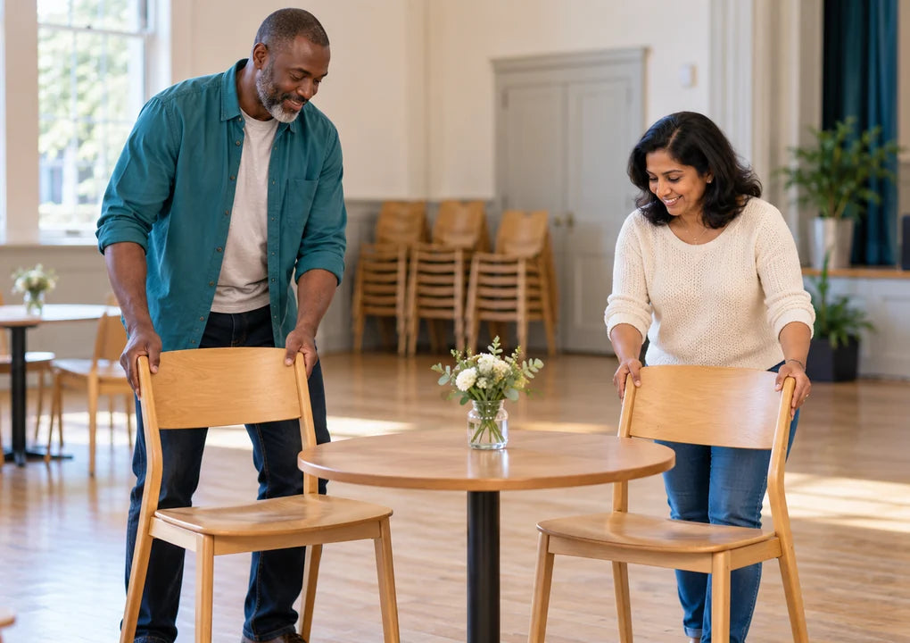Two fictional volunteers arranging chairs in a bright community hall before a trivia fundraiser