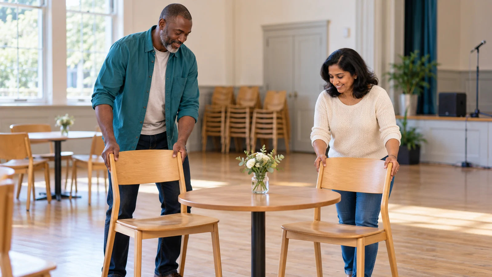 Two fictional volunteers arranging chairs in a bright community hall before a trivia fundraiser