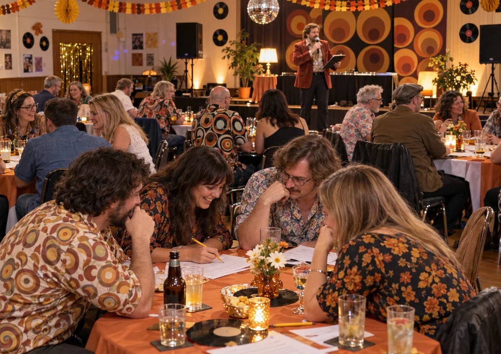 Fictional teams playing a seventies-themed charity quiz in a decorated community hall with a microphone host