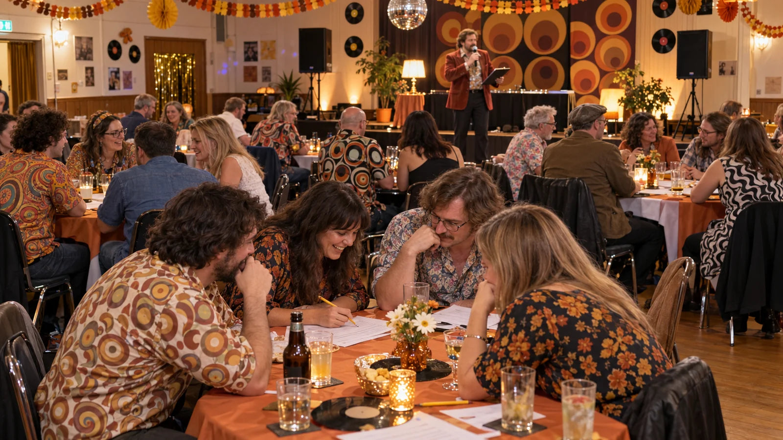 Fictional teams playing a seventies-themed charity quiz in a decorated community hall with a microphone host