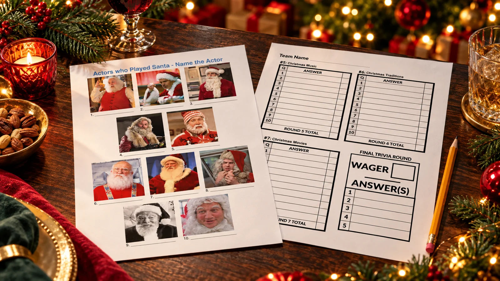 Christmas Quiz 2 participant materials arranged on a festive table