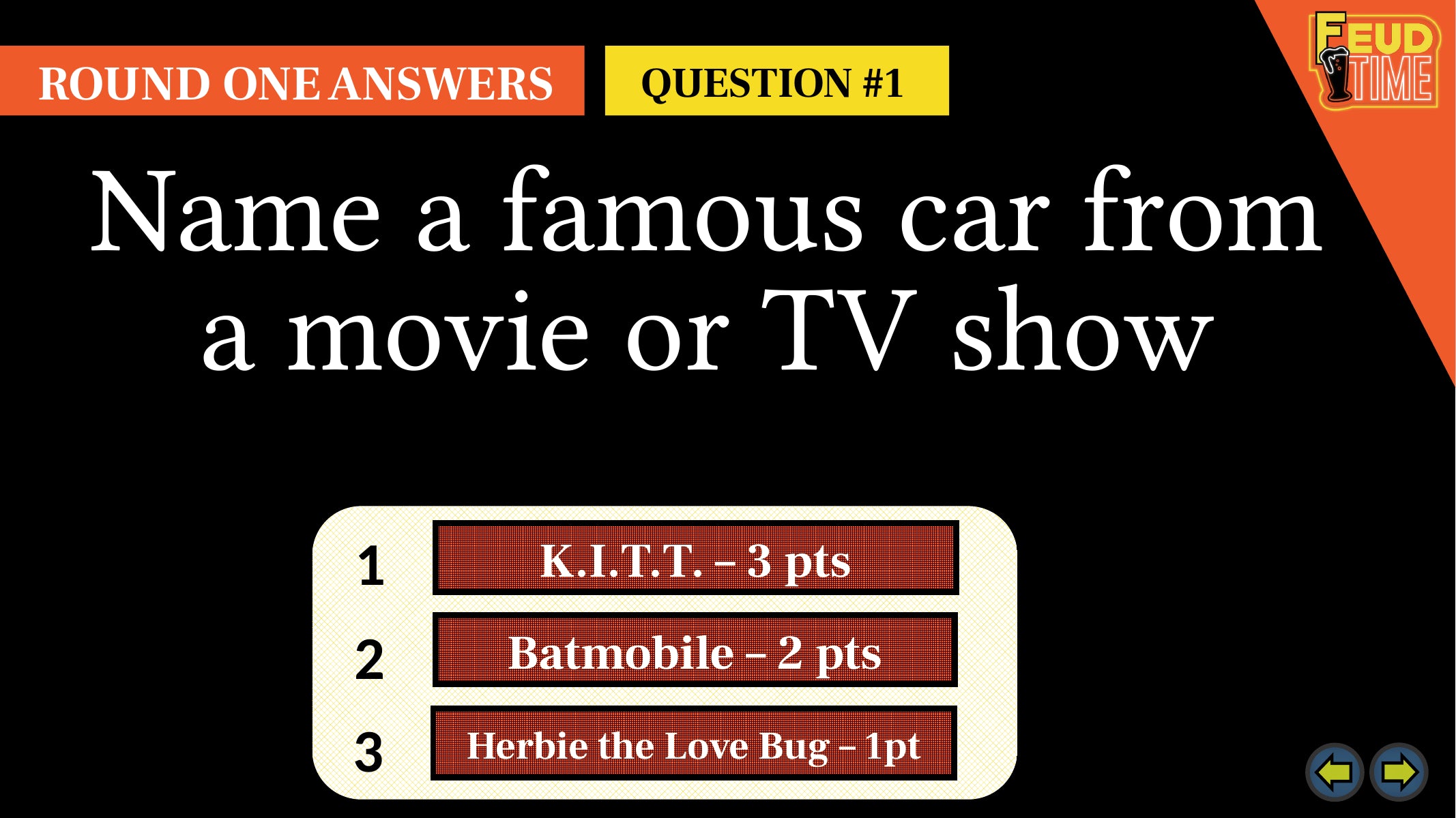 Actual Kit 1 answer reveal with K.I.T.T., Batmobile and Herbie the Love Bug.