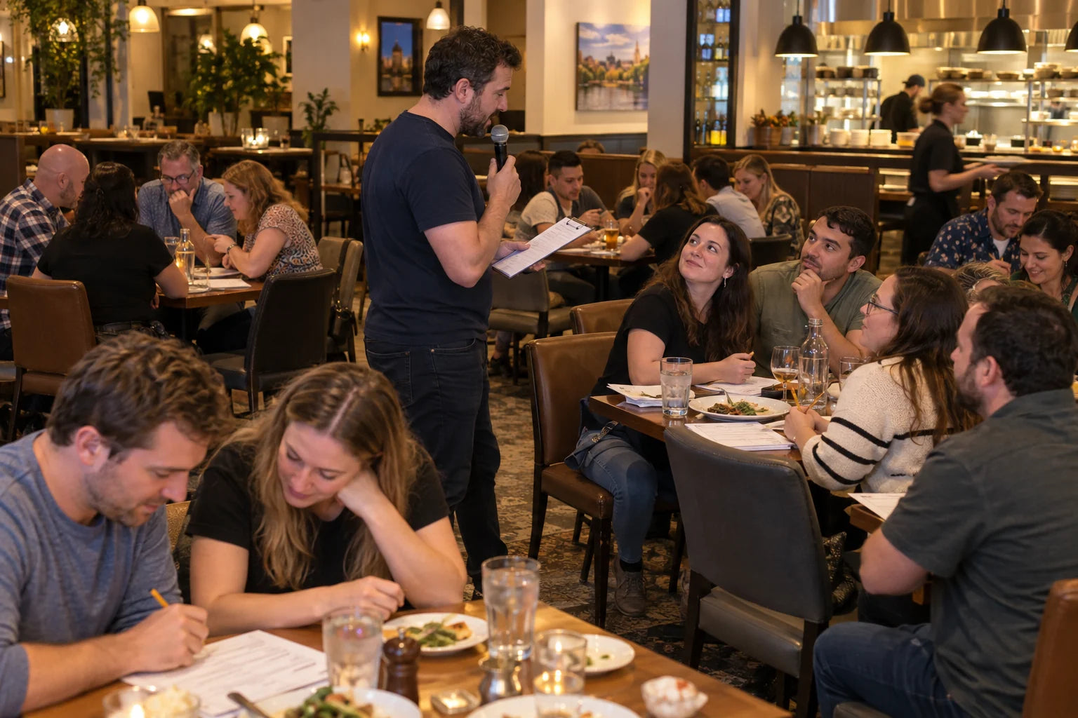 Fictional male host running trivia in a crowded restaurant while teams work on quiz sheets
