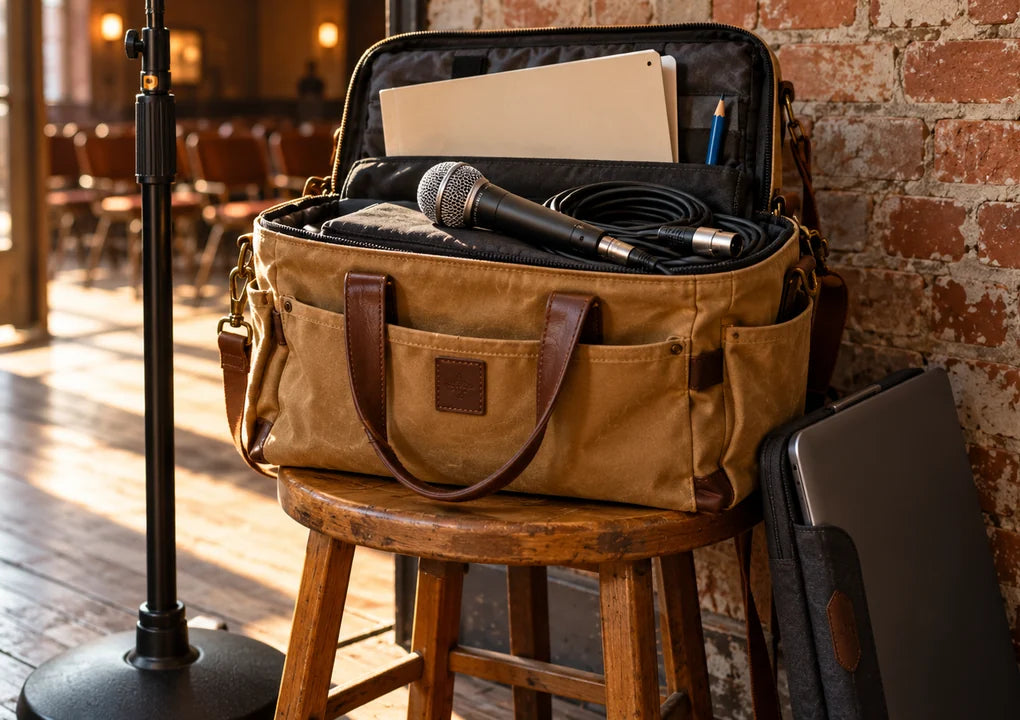 Packed microphone, cable and plain folder in a canvas equipment bag on a stool