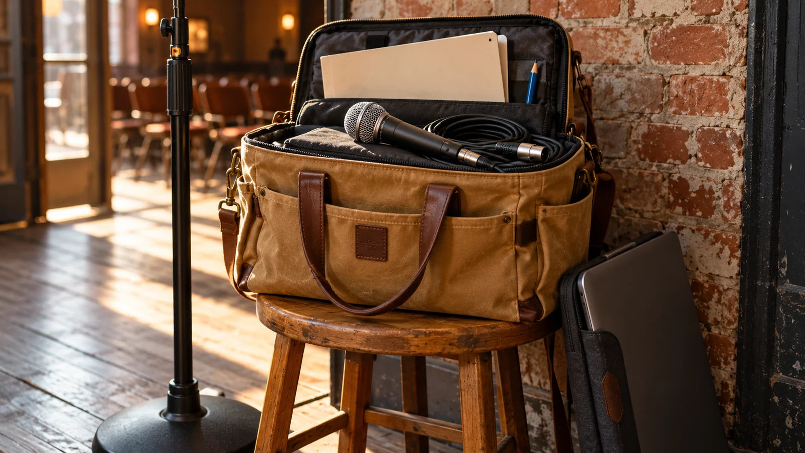 Packed microphone, cable and plain folder in a canvas equipment bag on a stool