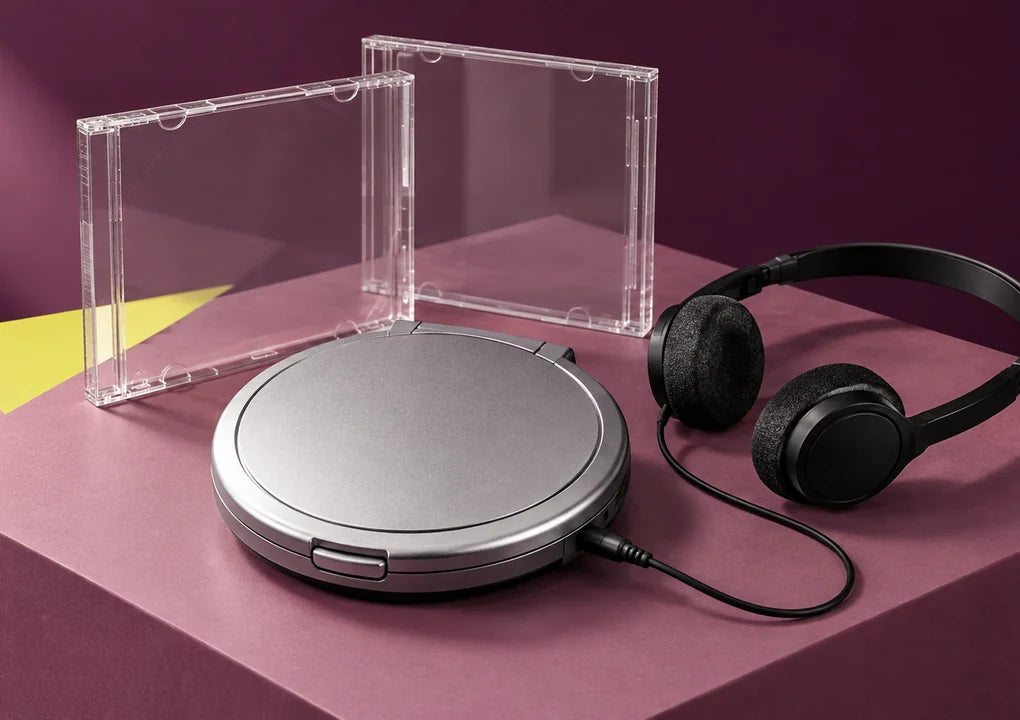 A portable CD player with headphones and blank jewel cases on a plum studio pedestal