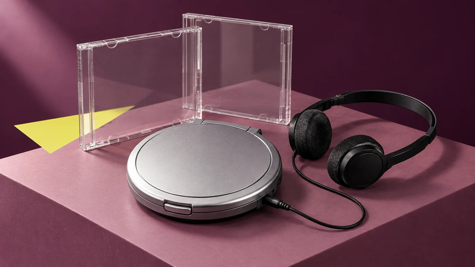 A portable CD player with headphones and blank jewel cases on a plum studio pedestal