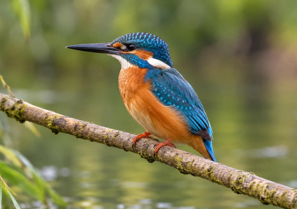 An illustrative common kingfisher perched on a branch above softly blurred water
