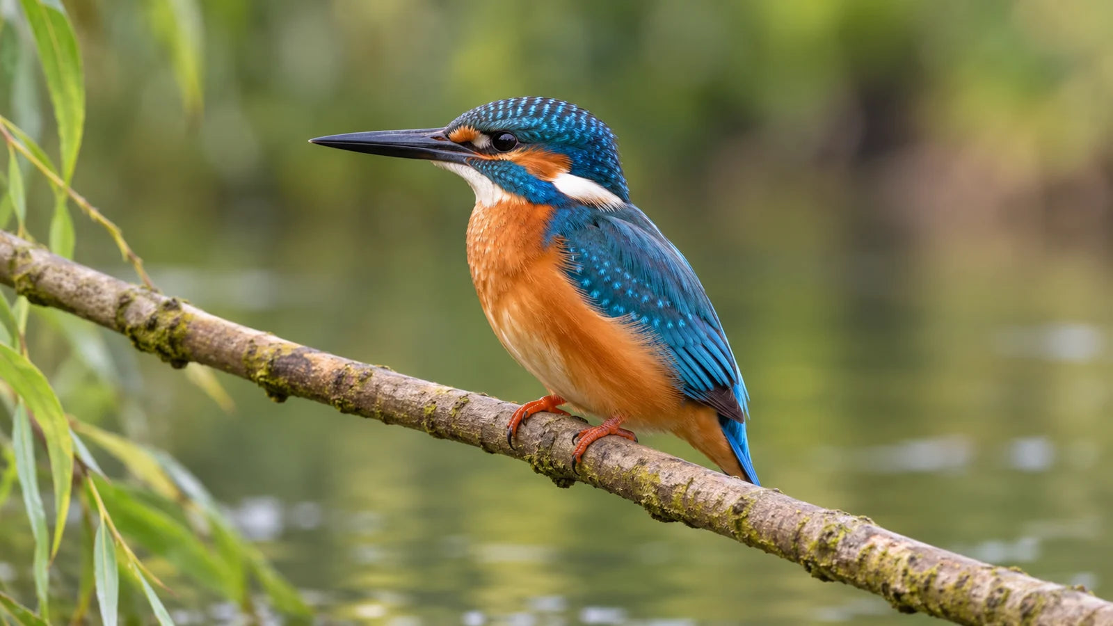 An illustrative common kingfisher perched on a branch above softly blurred water