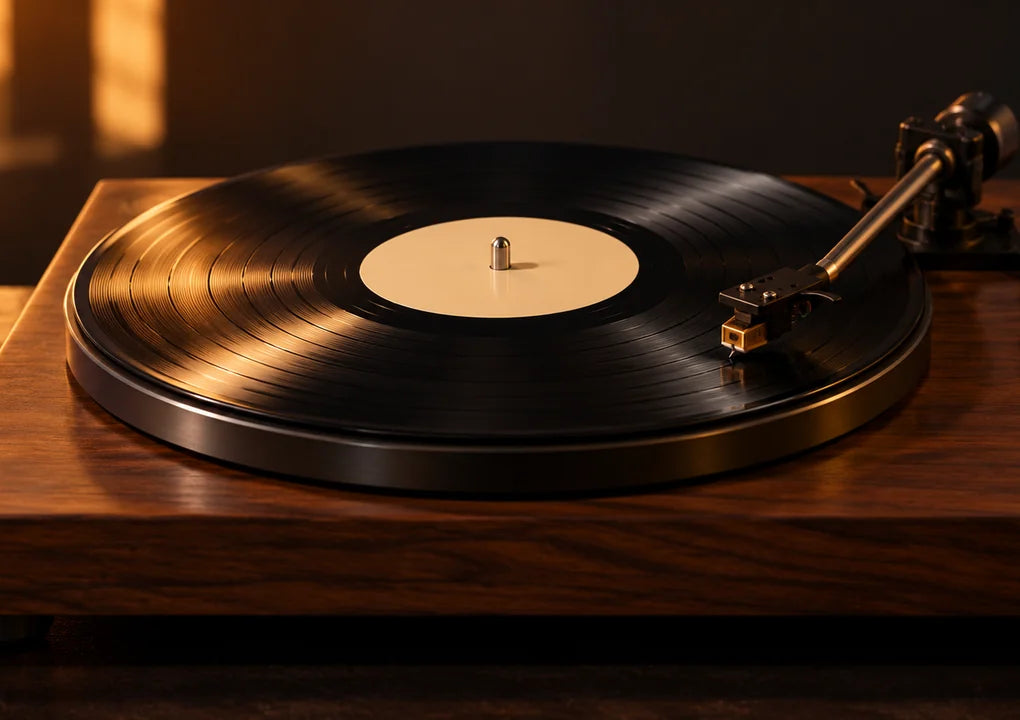 A vinyl record on a walnut turntable in warm side light