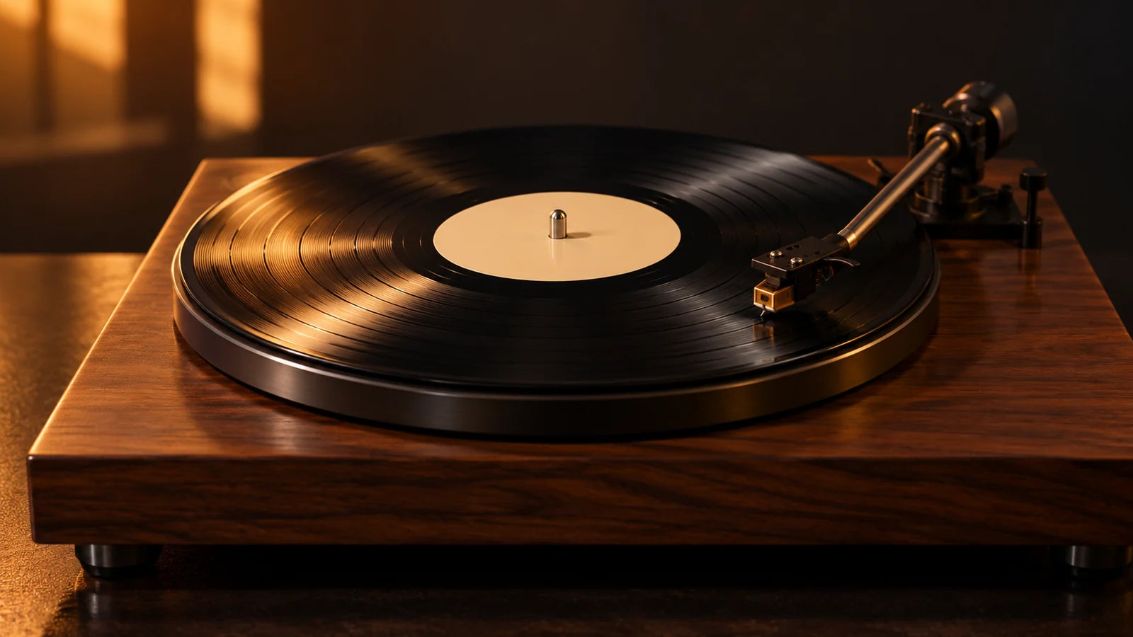 A vinyl record on a walnut turntable in warm side light