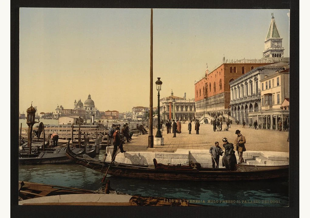 Historic photochrom view in front of the Doges' Palace in Venice, circa 1890–1900