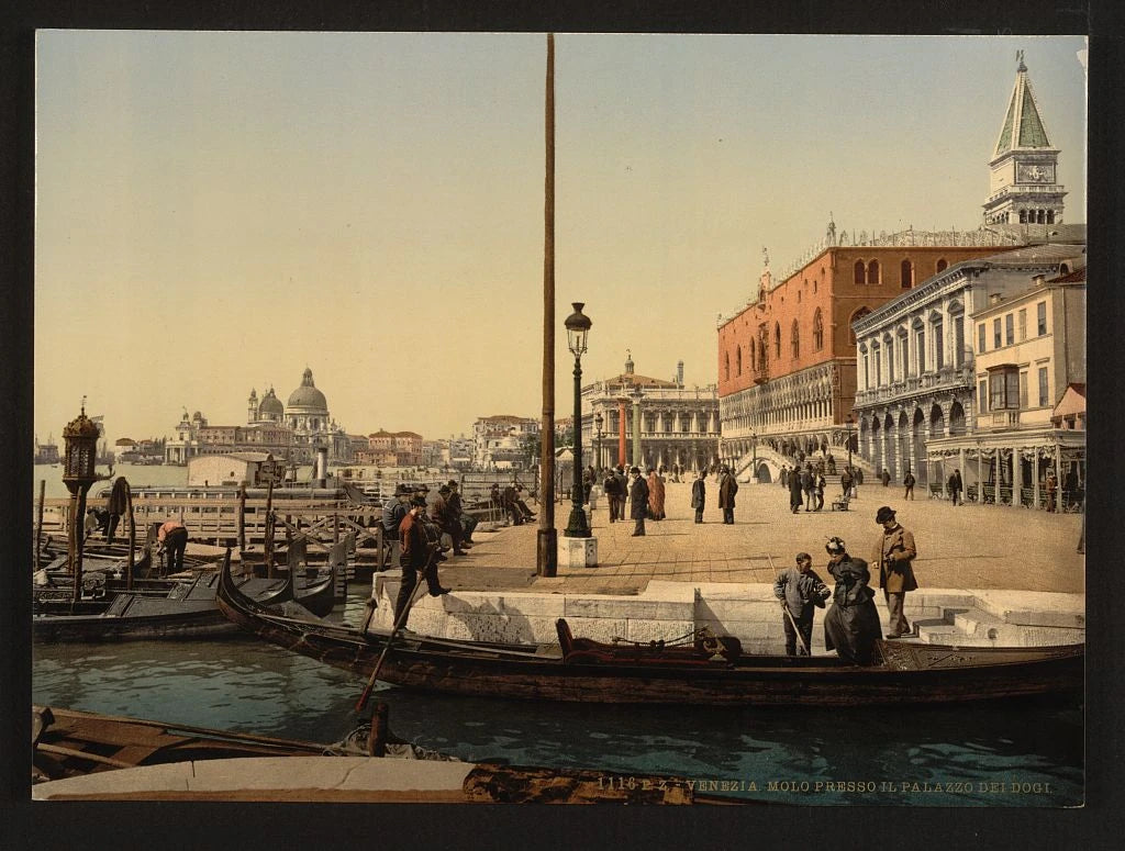 Historic photochrom view in front of the Doges' Palace in Venice, circa 1890–1900
