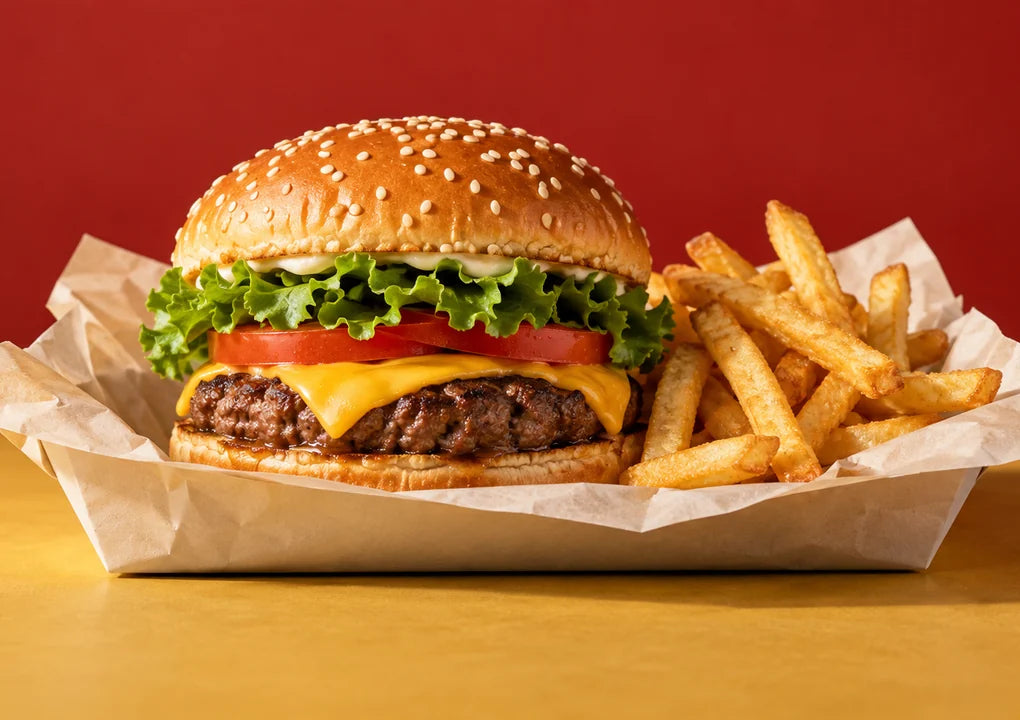 An unbranded burger and portion of fries in a paper-lined tray