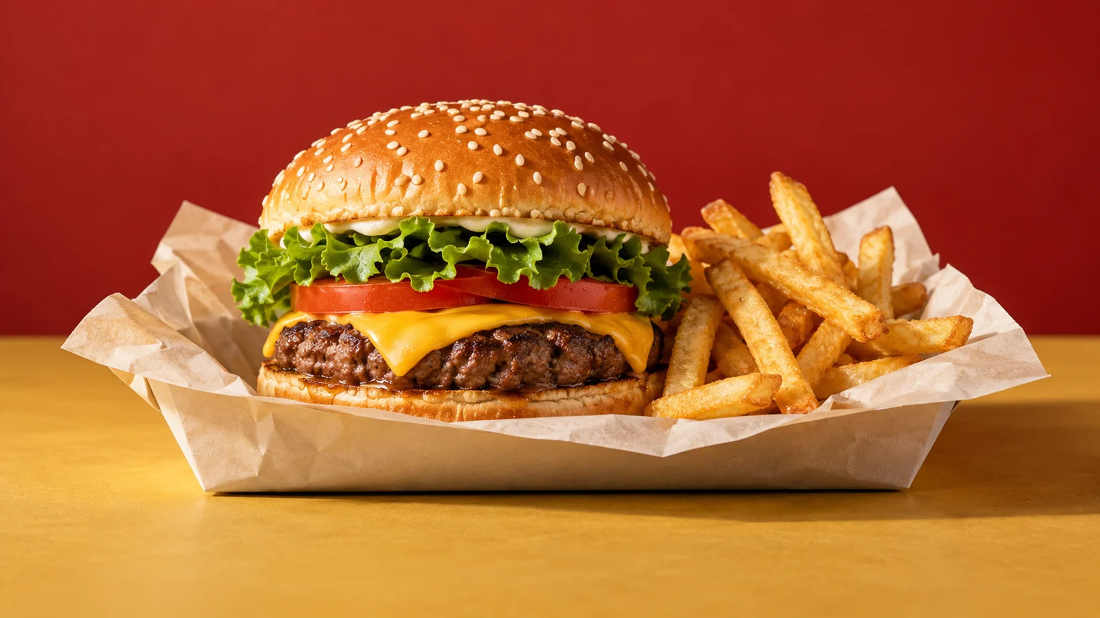 An unbranded burger and portion of fries in a paper-lined tray