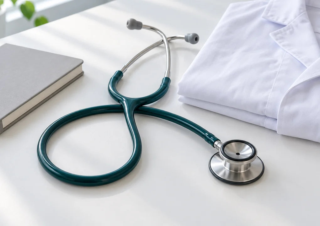 A stethoscope beside a folded white coat and plain notebook in clinical daylight