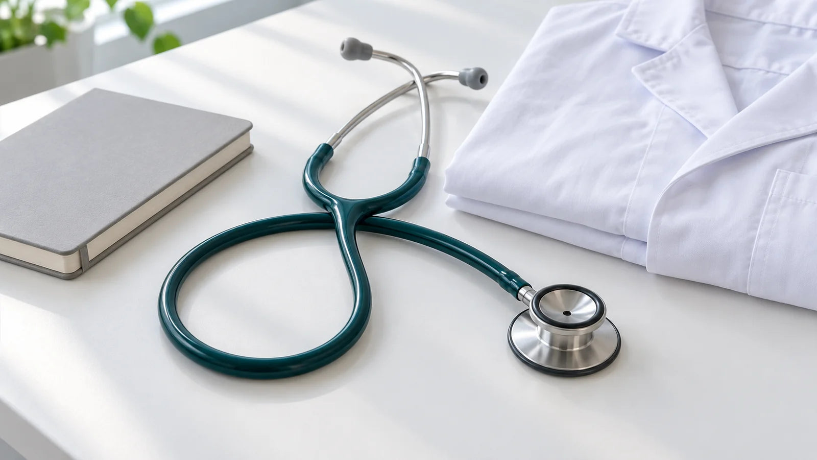 A stethoscope beside a folded white coat and plain notebook in clinical daylight