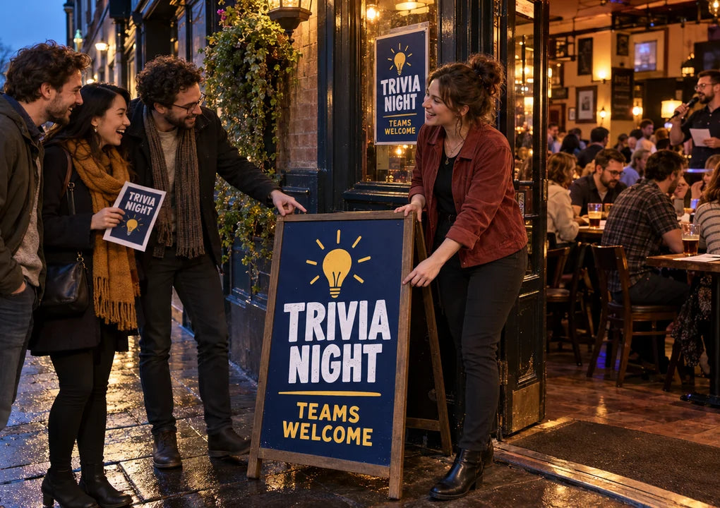 Fictional pub manager promoting trivia night with a bold sidewalk sign as a group arrives and a quiz runs inside