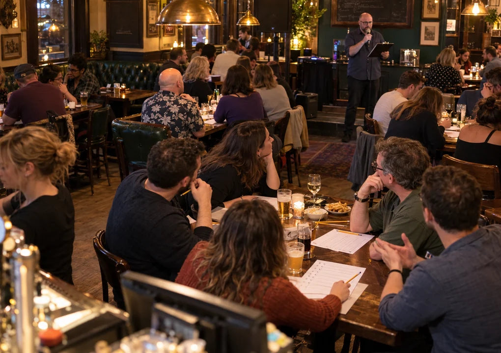 Fictional crowded pub quiz with occupied team tables, players writing answers and a host at the far end