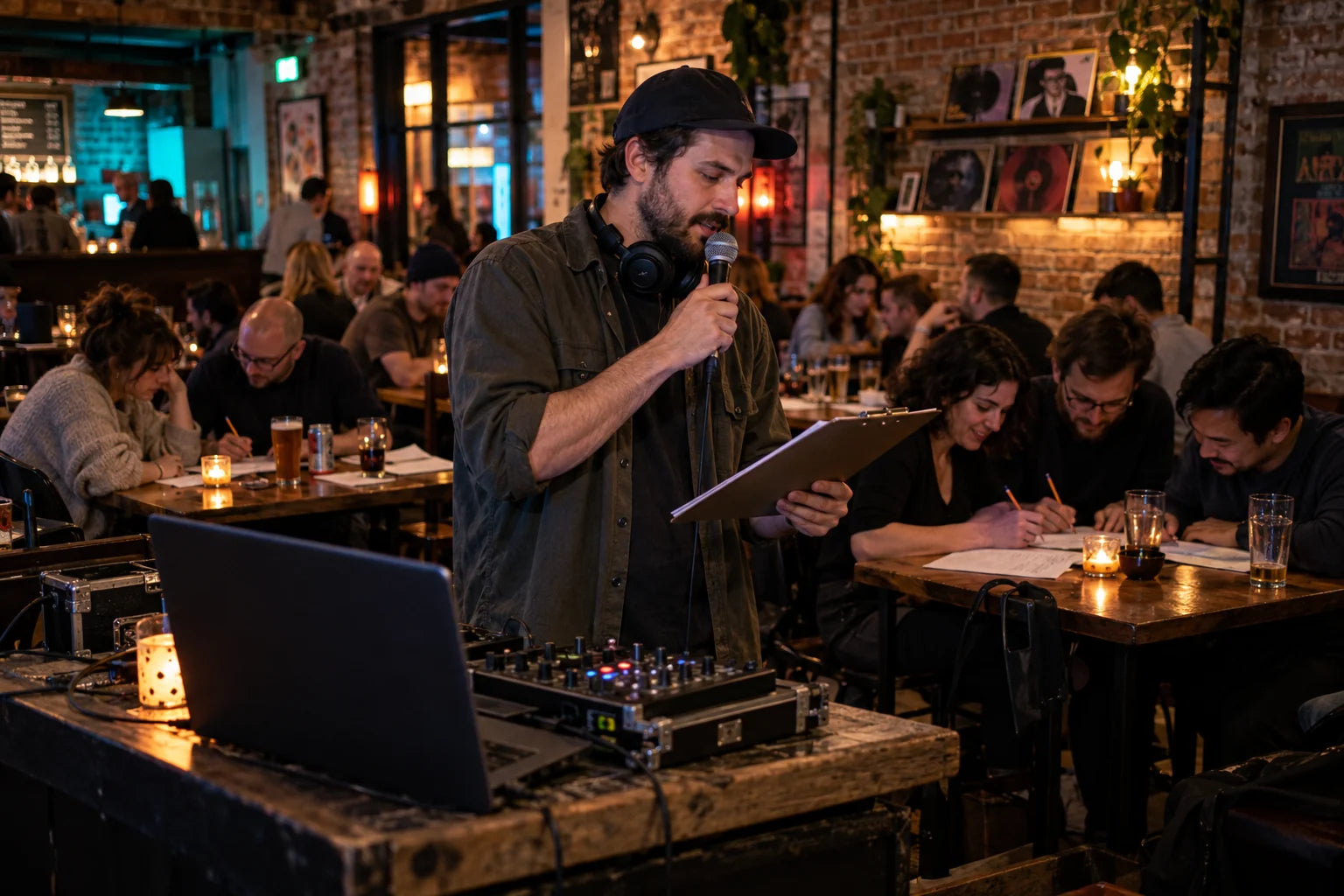 Fictional hipster quizmaster with headphones and microphone hosting a busy pub trivia night