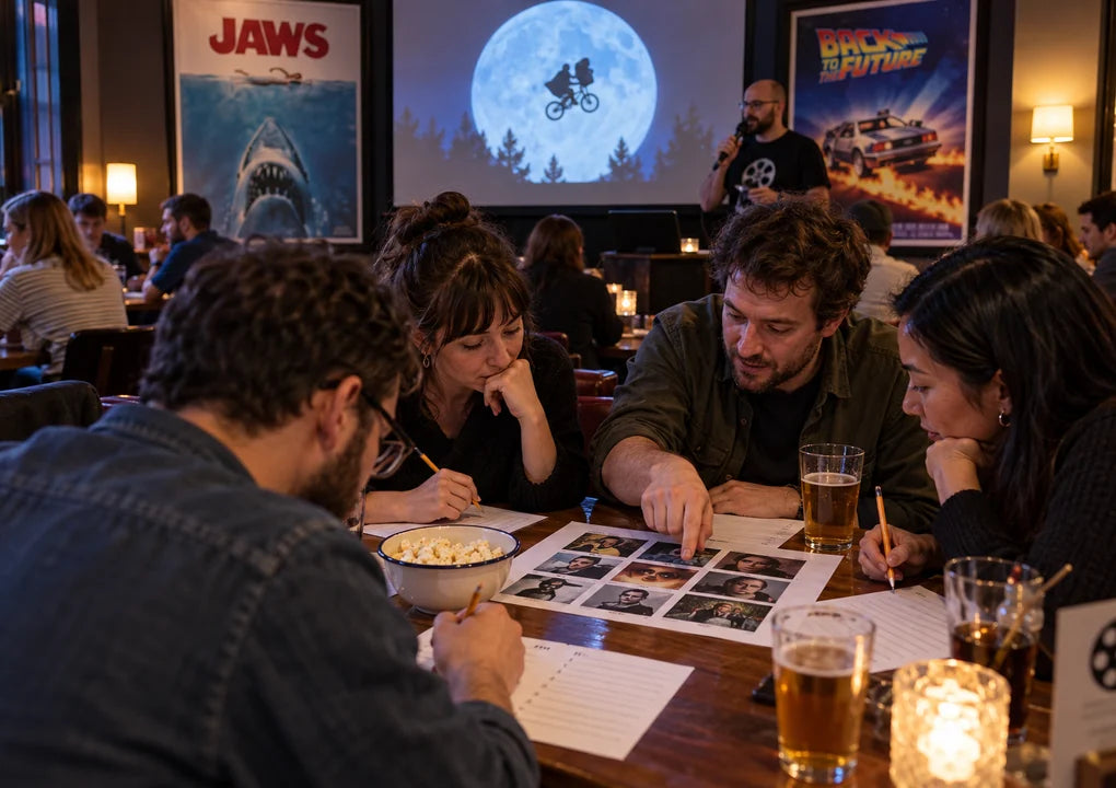 Fictional movie-trivia team identifying film images beneath recognizable film posters while a host presents the round