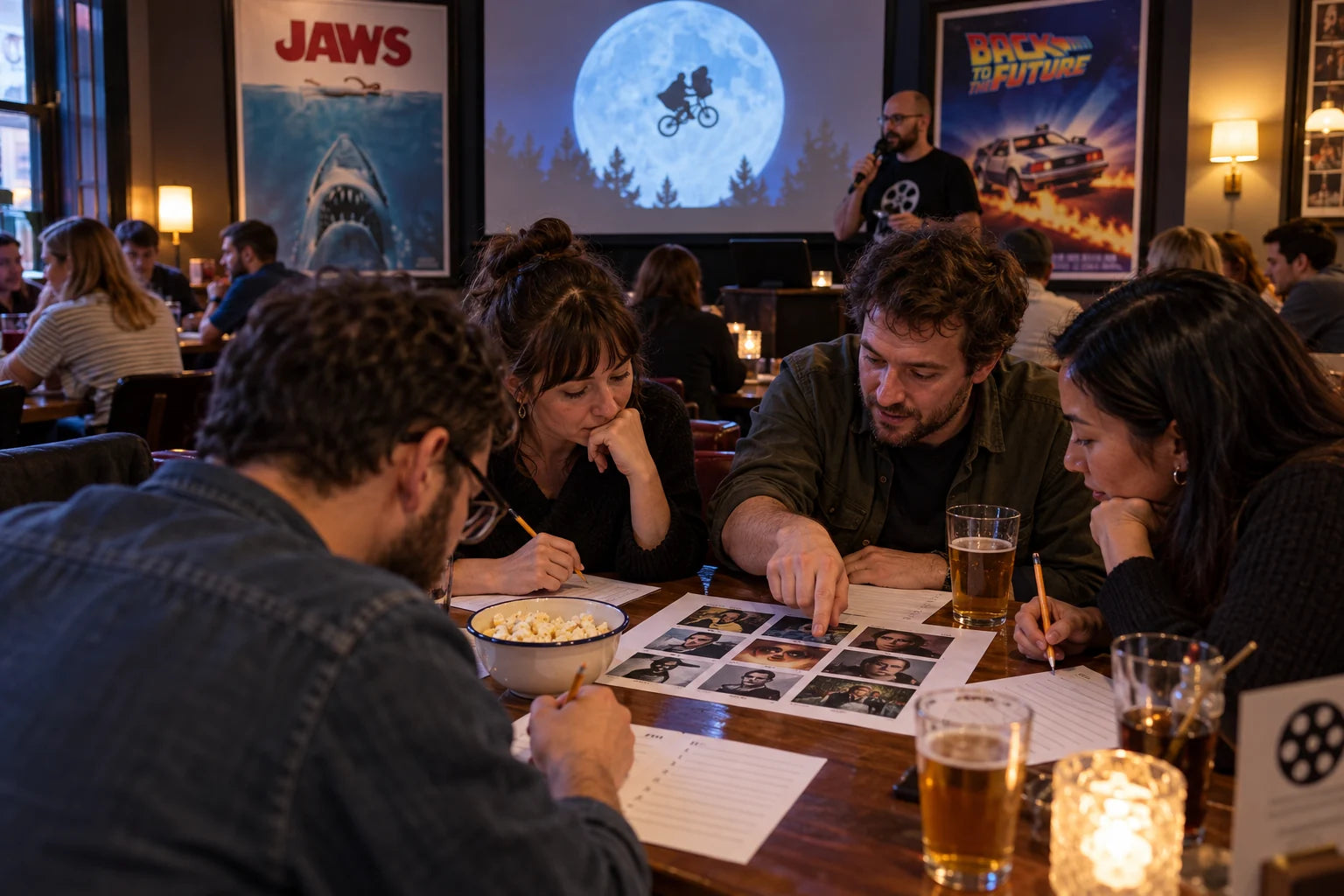 Fictional movie-trivia team identifying film images beneath recognizable film posters while a host presents the round