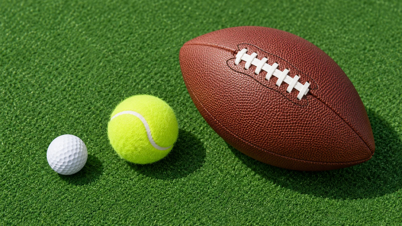 A golf ball, tennis ball and leather football arranged on green felt