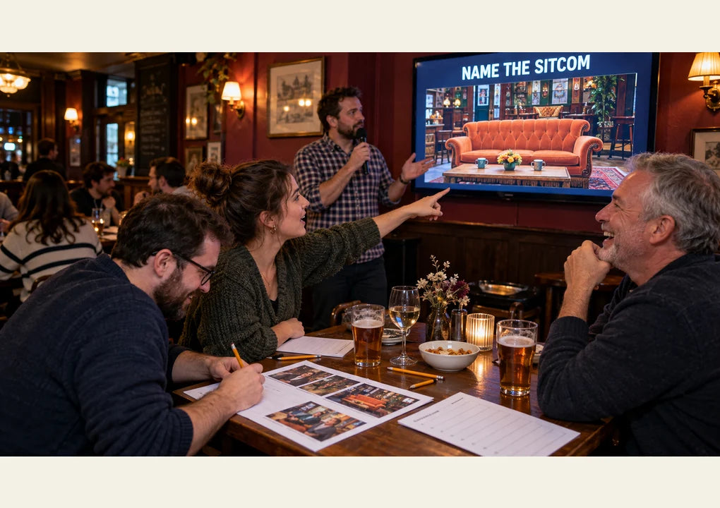 Fictional pub quiz team identifying a television sitcom setting on a screen while their host presents the round