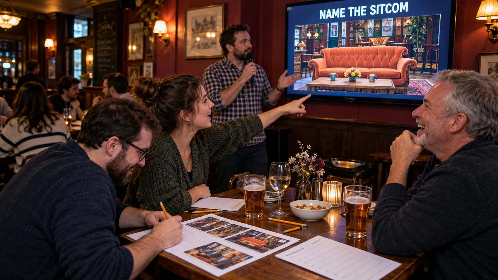Fictional pub quiz team identifying a television sitcom setting on a screen while their host presents the round