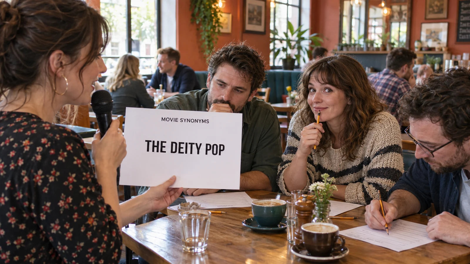 Fictional trivia team solving the article's movie-synonym clue The Deity Pop during a hosted quiz