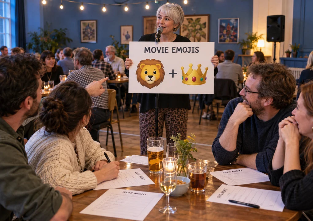 Fictional host presenting a lion-and-crown emoji movie clue to teams at a trivia night