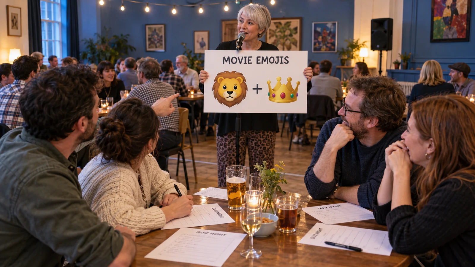 Fictional host presenting a lion-and-crown emoji movie clue to teams at a trivia night