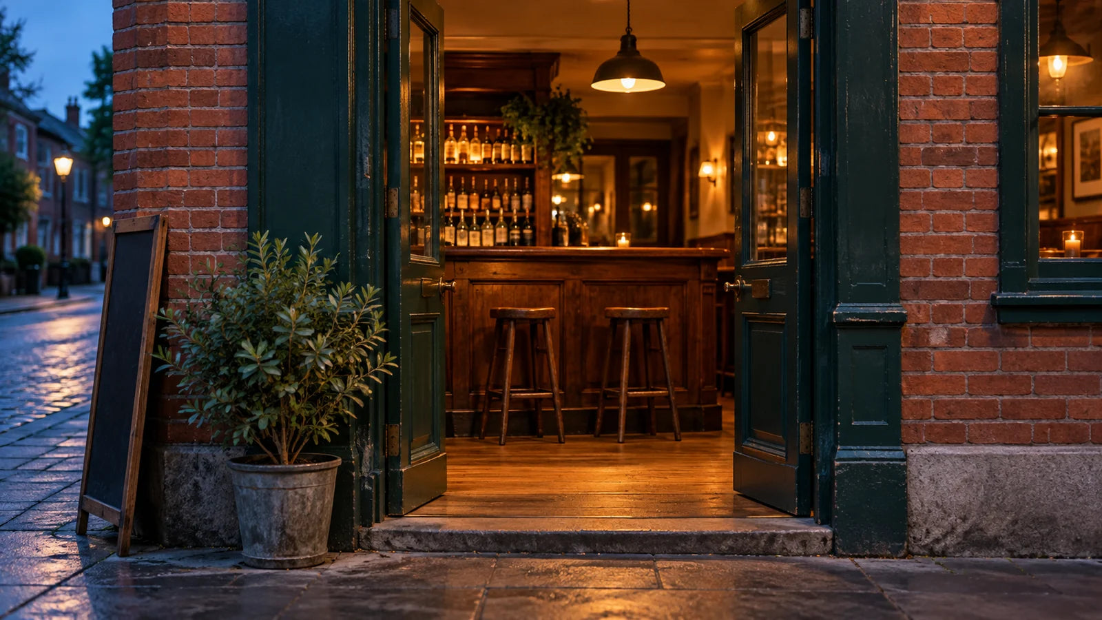 An unbranded pub doorway opening onto a quiet warmly lit interior at dusk