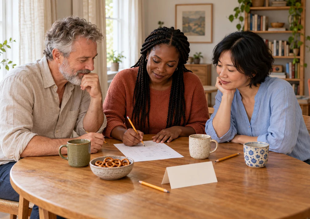 Three fictional friends playing a quiz around a dining table in a bright home