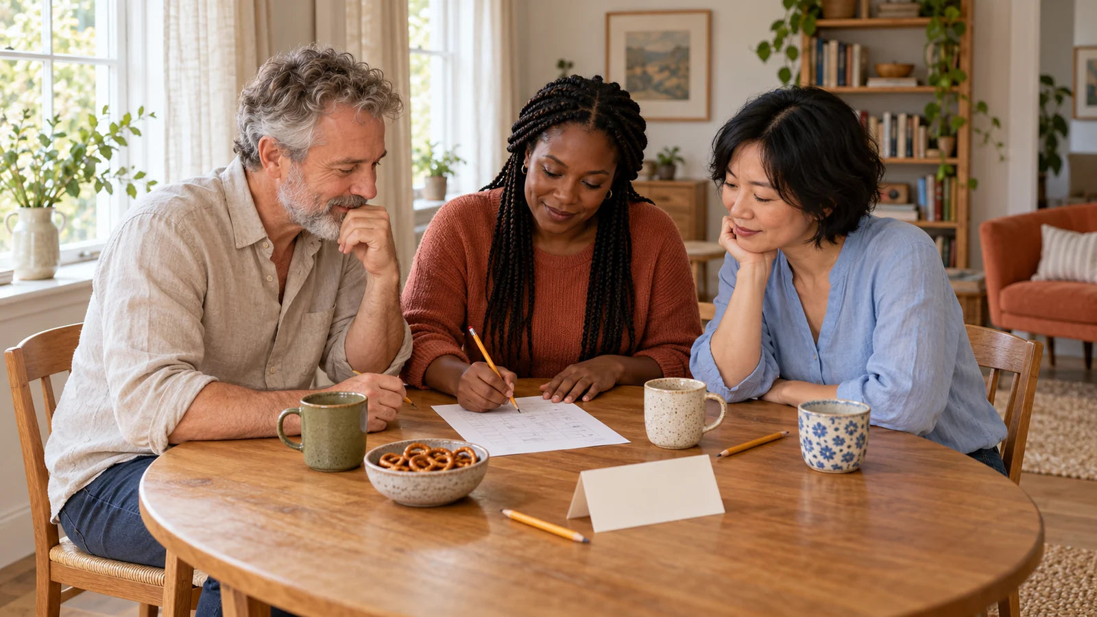 Three fictional friends playing a quiz around a dining table in a bright home
