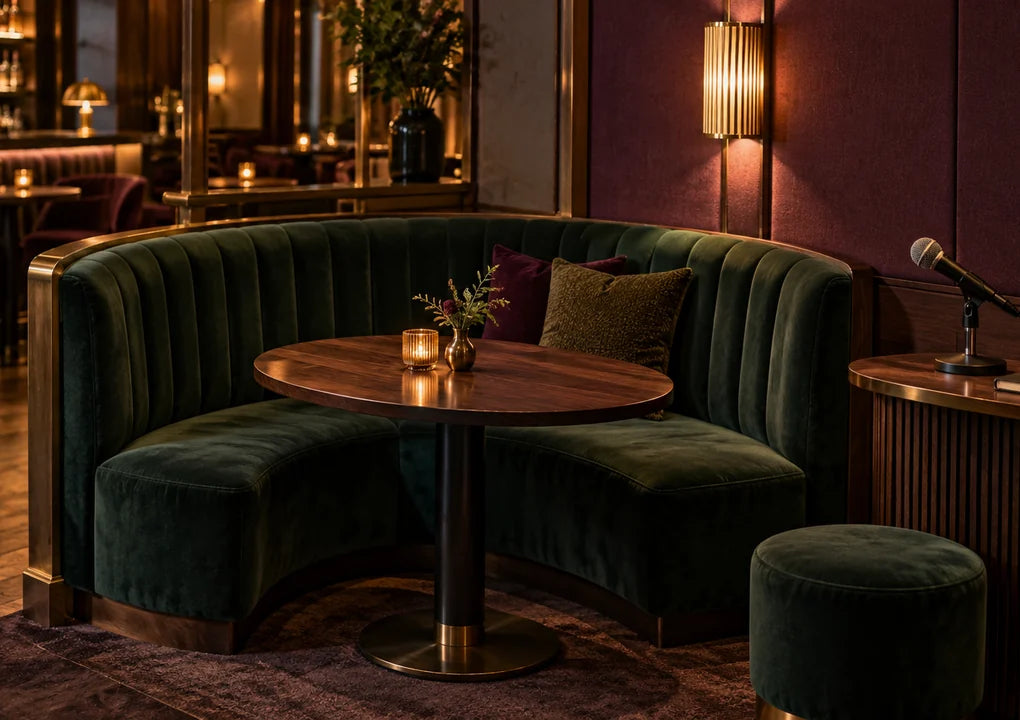 Distinctive green booth and compact quiz hosting station in a fictional bar interior