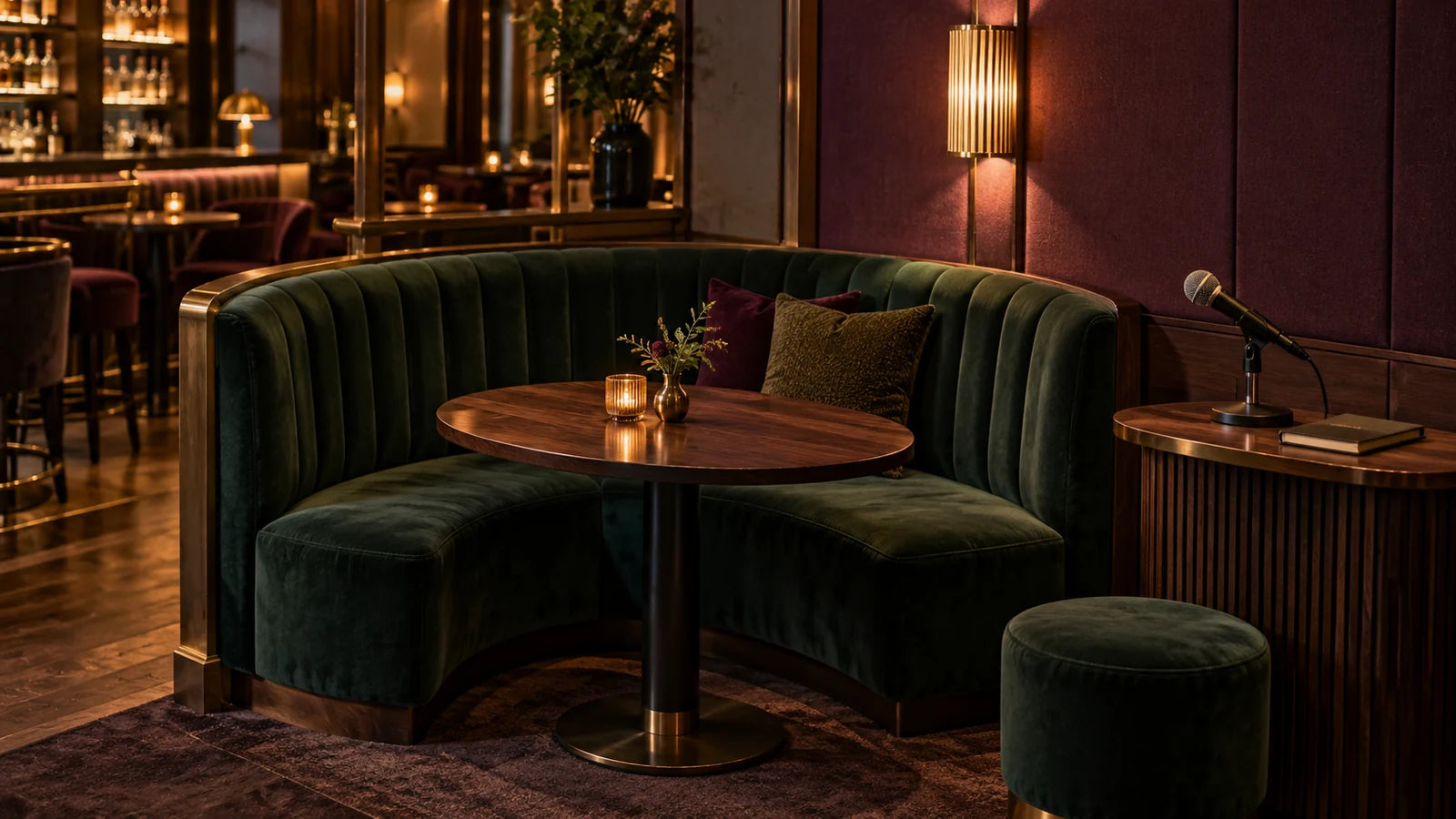 Distinctive green booth and compact quiz hosting station in a fictional bar interior