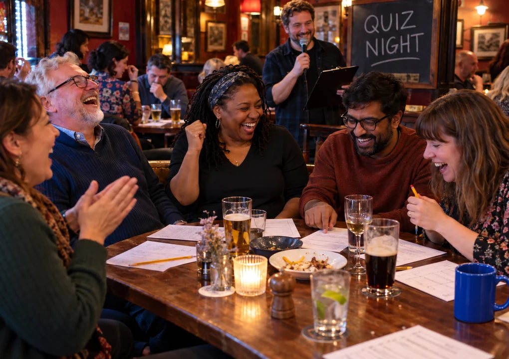 Fictional pub quiz team reacting with delight to a correct answer while their host continues the round