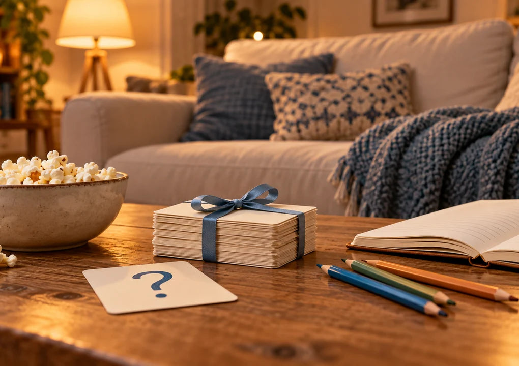 Generic quiz cards, pencils and popcorn arranged for a family game night at home