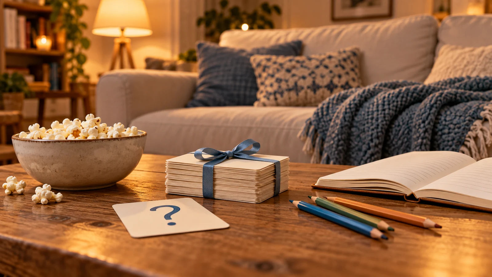 Generic quiz cards, pencils and popcorn arranged for a family game night at home