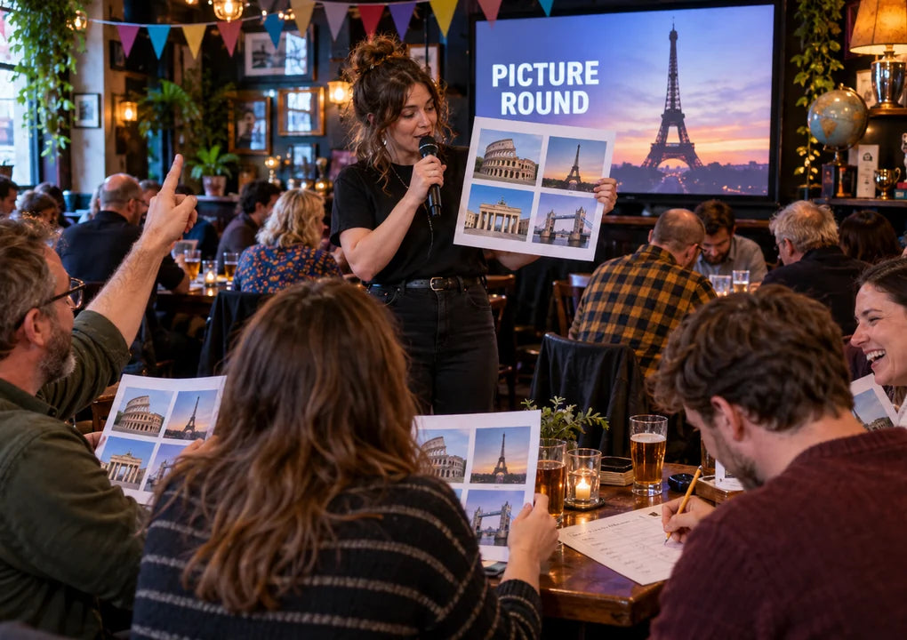 Fictional host introducing a picture round as lively pub teams turn over their quiz handouts