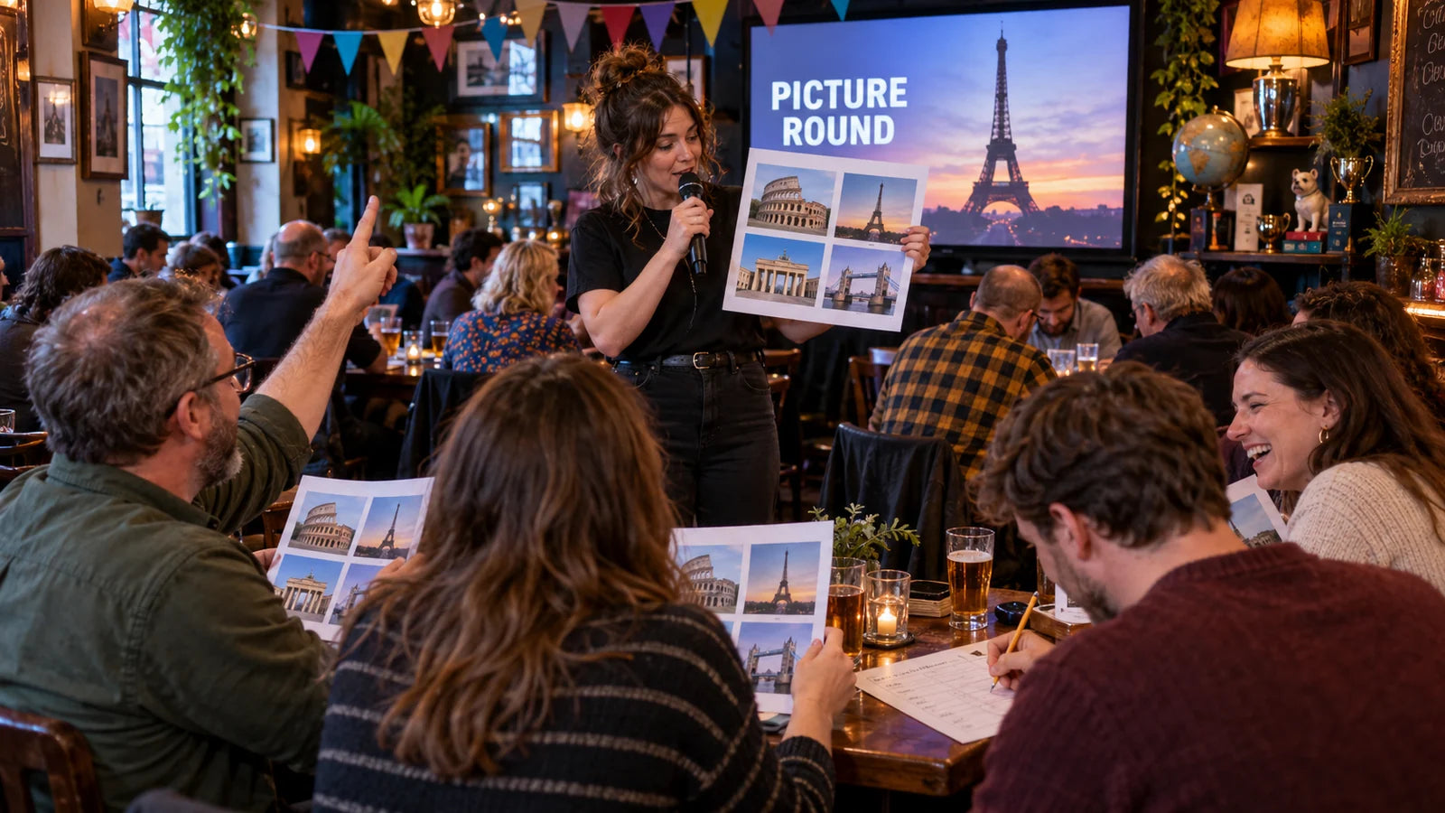 Fictional host introducing a picture round as lively pub teams turn over their quiz handouts