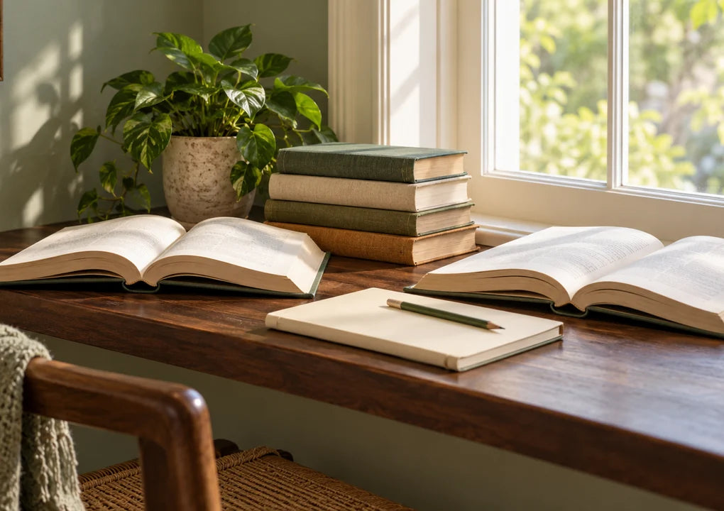 A quiet reading nook with reference books, a plain notebook and a pencil